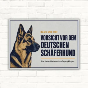 Hundeschild im Querformat mit Text „Vorsicht vor dem Deutschen Schäferhund“ und Schäferhund-Motiv für Haus und Hof.