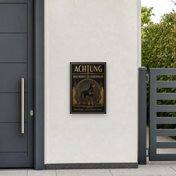 KI-generiertes Anwendungsbeispiel: Dobermann Warnschild im Art-déco-Stil mit Text „Achtung hier wohnt ein Dobermann“.