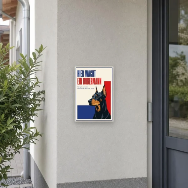 KI-generiertes Anwendungsbeispiel: Dobermann Schild „Hier wacht ein Dobermann“ als bedrucktes Hundeschild an der Wand.