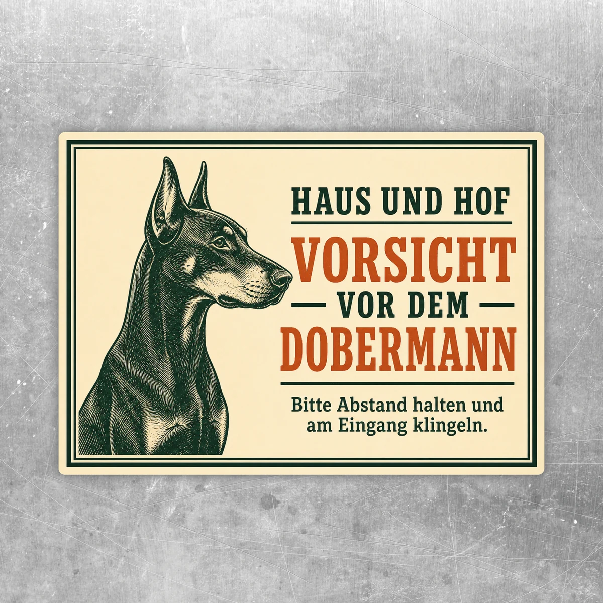 Dobermann Aufkleber im Querformat mit Text Haus und Hof, Vorsicht vor dem Dobermann auf beigefarbenem Vintage-Motiv.