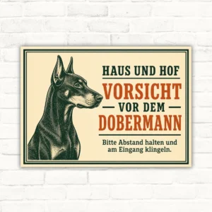 Dobermann Warnschild im Querformat mit Text „Haus und Hof – Vorsicht vor dem Dobermann“ und Hundemotiv.
