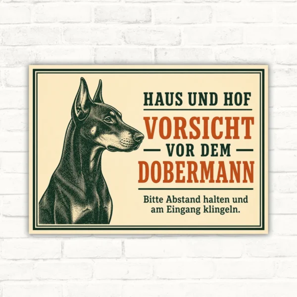 Dobermann Warnschild im Querformat mit Text „Haus und Hof – Vorsicht vor dem Dobermann“ und Hundemotiv.