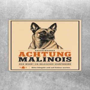 Malinois Aufkleber mit Hundeporträt und Text Achtung Malinois für Tür, Tor oder Briefkasten.