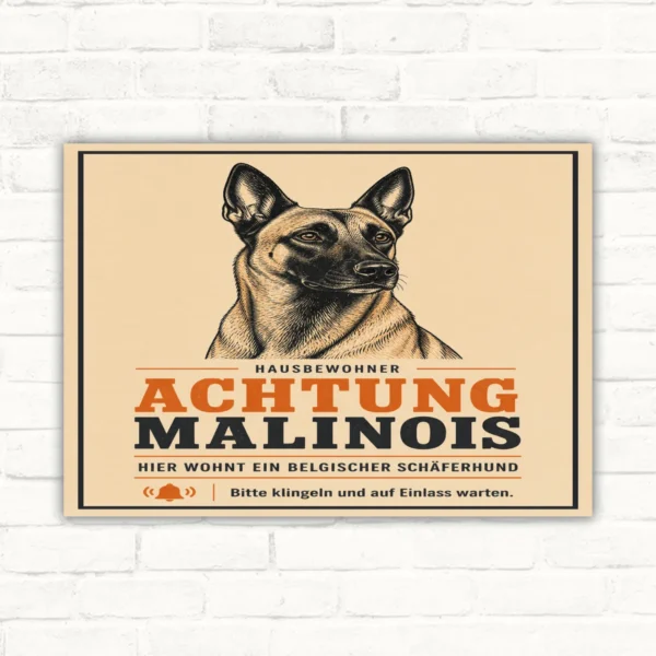 Malinois Schild mit Text „Achtung Malinois, hier wohnt ein belgischer Schäferhund“ als bedrucktes Hundeschild.
