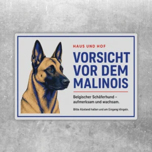Malinois Aufkleber im Querformat mit blauem Warntext, rotem Akzent und illustrativem Hundekopf auf hellem Grund.