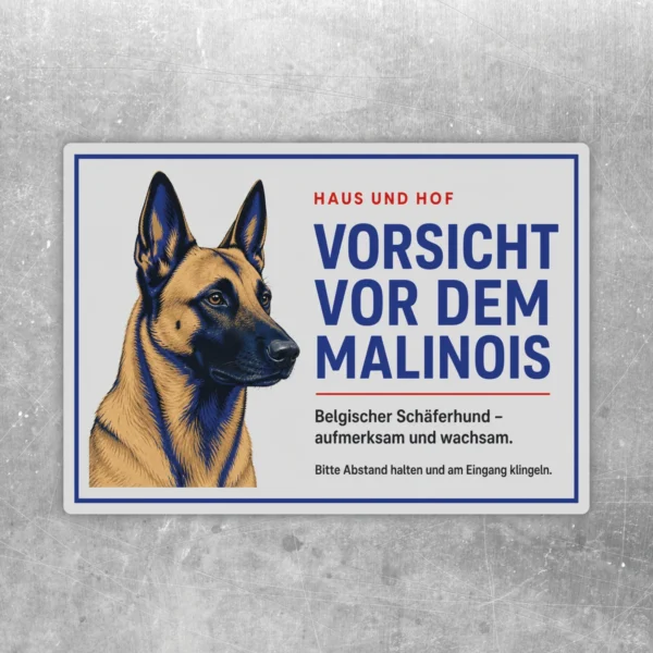 Malinois Aufkleber im Querformat mit blauem Warntext, rotem Akzent und illustrativem Hundekopf auf hellem Grund.