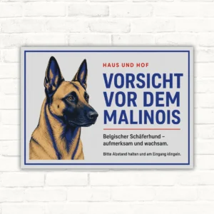 Malinois Schild im Querformat mit Text „Vorsicht vor dem Malinois“ und Porträt eines Belgischen Schäferhundes.