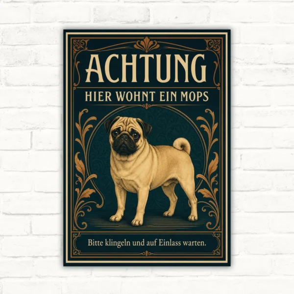 Mops Schild mit Wortlaut „Achtung hier wohnt ein Mops“ und „Bitte klingeln und auf Einlass warten“ im Vintage-Look.