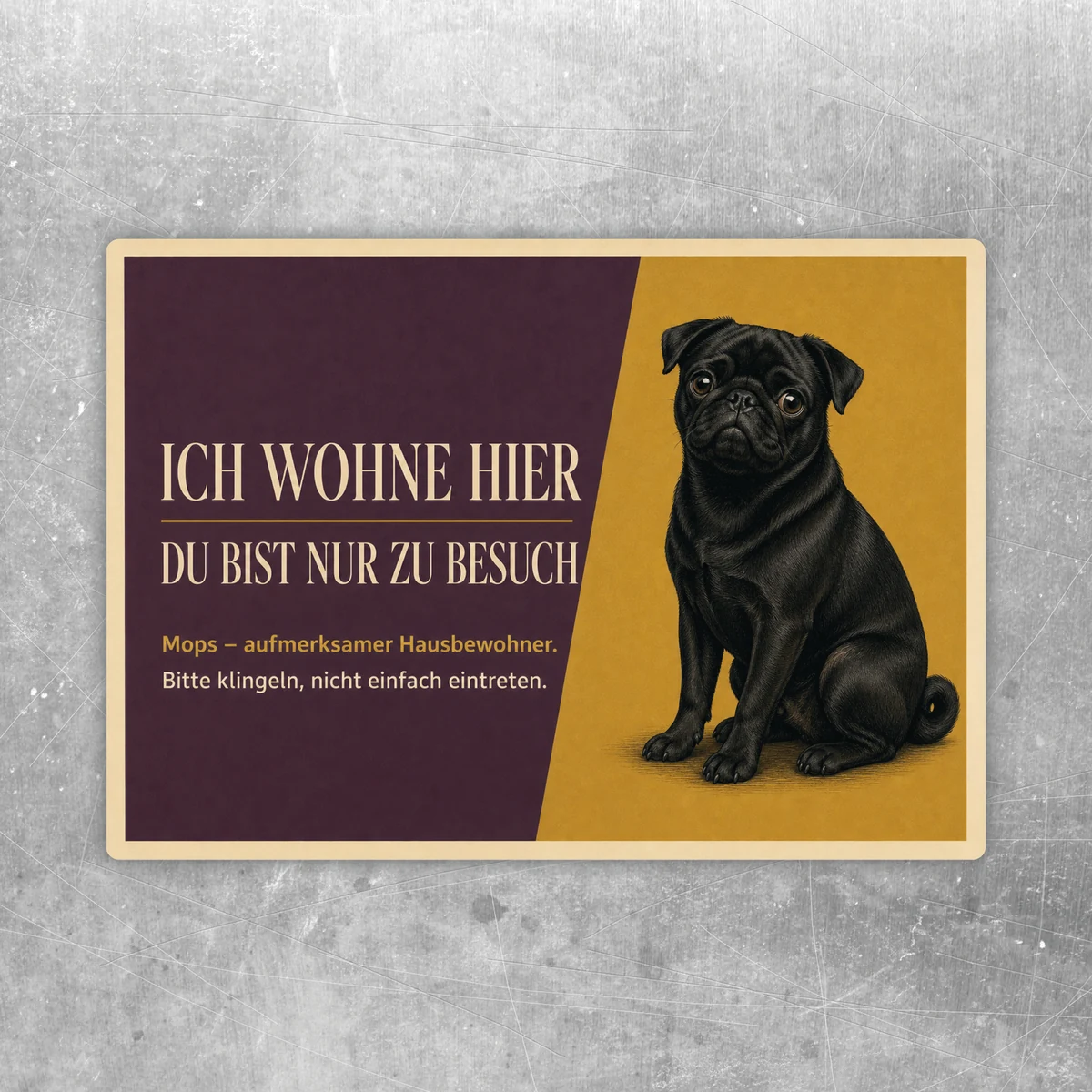 Mops Aufkleber im Querformat mit Text Ich wohne hier und schwarzem Hund auf gelb-bordeauxfarbenem Hintergrund.