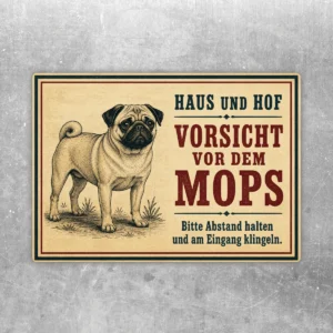 Mops Aufkleber im Retro-Stil mit Text Vorsicht vor dem Mops für Haus und Hof in Beige, Rot und Schwarz.