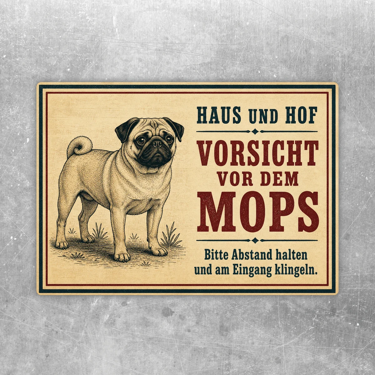 Mops Aufkleber im Retro-Stil mit Text Vorsicht vor dem Mops für Haus und Hof in Beige, Rot und Schwarz.