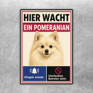 Pomeranian Aufkleber mit Text „Hier wacht ein Pomeranian“, Hundeporträt und Hinweisen zum Klingeln und Betreten.