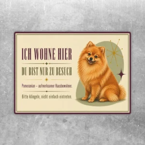 Pomeranian Aufkleber im Querformat mit Text „Ich wohne hier“ und orangebraunem Hund auf cremefarbenem Hintergrund.