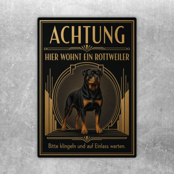 Rottweiler Aufkleber im Art-Déco-Stil mit Text Achtung hier wohnt ein Rottweiler in Schwarz und Gold.