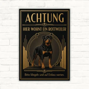 Rottweiler Schild mit Text „Achtung hier wohnt ein Rottweiler“ und „Bitte klingeln und auf Einlass warten“ im Art-Déco-Stil.