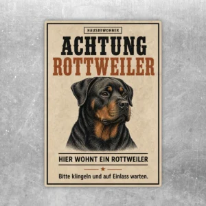Rottweiler Aufkleber mit beigem Vintage-Hintergrund, Hundeporträt und Text Achtung Rottweiler für Tür oder Tor.
