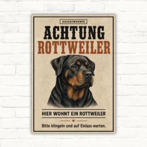 Rottweiler Schild mit Text „Achtung Rottweiler – Hier wohnt ein Rottweiler“ als bedrucktes Warnschild.