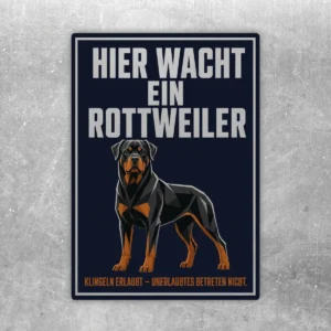 Rottweiler Aufkleber mit Text Hier wacht ein Rottweiler, dunklem Hintergrund und orangefarbenen Akzenten.