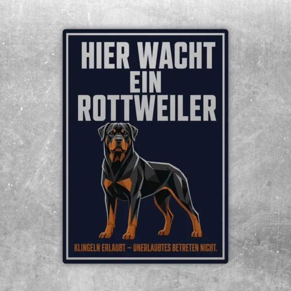 Rottweiler Aufkleber mit Text Hier wacht ein Rottweiler, dunklem Hintergrund und orangefarbenen Akzenten.