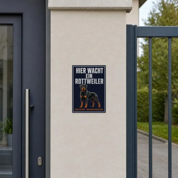KI-generiertes Anwendungsbeispiel: Rottweiler Aufkleber Hier wacht ein Rottweiler auf grauer Fläche montiert.