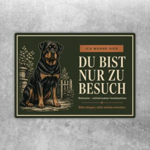 Rottweiler Aufkleber im Querformat mit Text Ich wohne hier du bist nur zu Besuch in Dunkelgrün und Creme.