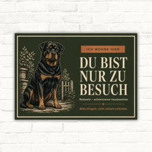 Hundeschild Rottweiler im Querformat mit Text „Ich wohne hier – du bist nur zu Besuch“ als robustes Warnschild.