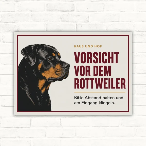 Rottweiler Schild im Querformat mit Text „Vorsicht vor dem Rottweiler“ und Hinweis zum Klingeln am Eingang.