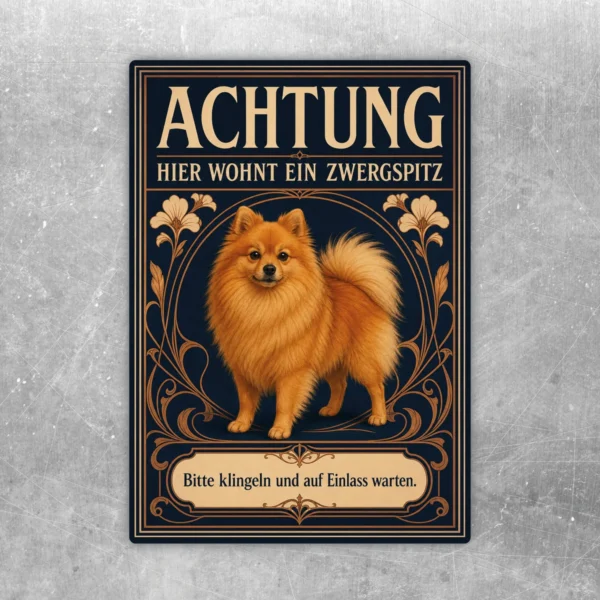 Zwergspitz Aufkleber im Hochformat mit Achtung-Schriftzug, orangebraunem Hund und Zierornamenten auf dunklem Grund.