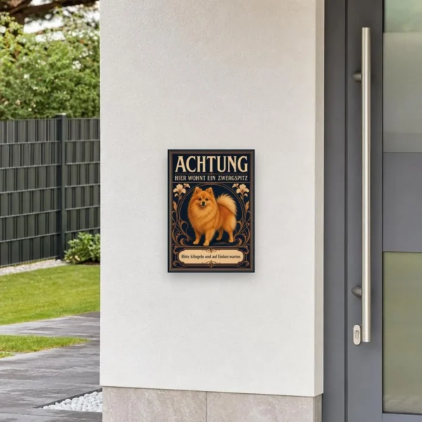 KI-generiertes Anwendungsbeispiel: Zwergspitz Schild „Achtung hier wohnt ein Zwergspitz“ an heller Ziegelwand.