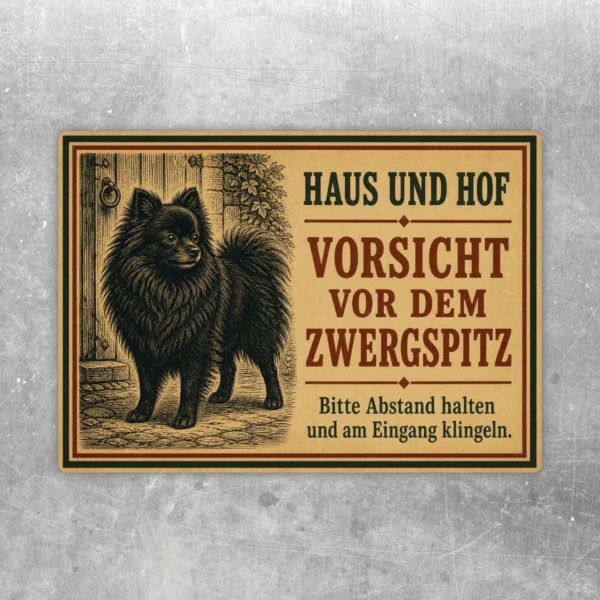 Zwergspitz Aufkleber im Querformat mit Text Haus und Hof, Vorsicht vor dem Zwergspitz, in Beige, Braun und Schwarz.