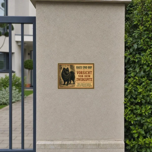 KI-generiertes Anwendungsbeispiel: Zwergspitz Aufkleber Haus und Hof auf grauem Untergrund mit rustikalem Warnmotiv.