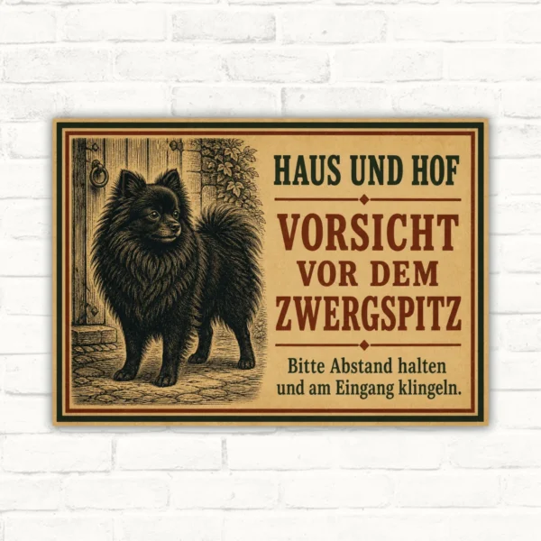 Querformatiges Zwergspitz Schild mit Text „Haus und Hof Vorsicht vor dem Zwergspitz“ und Hundemotiv im Retro-Stil.