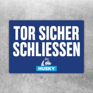Aufkleber mit Husky und Text „Warnung! Tor bitte sicher schließen.“ in Rot und Dunkelblau im Querformat.