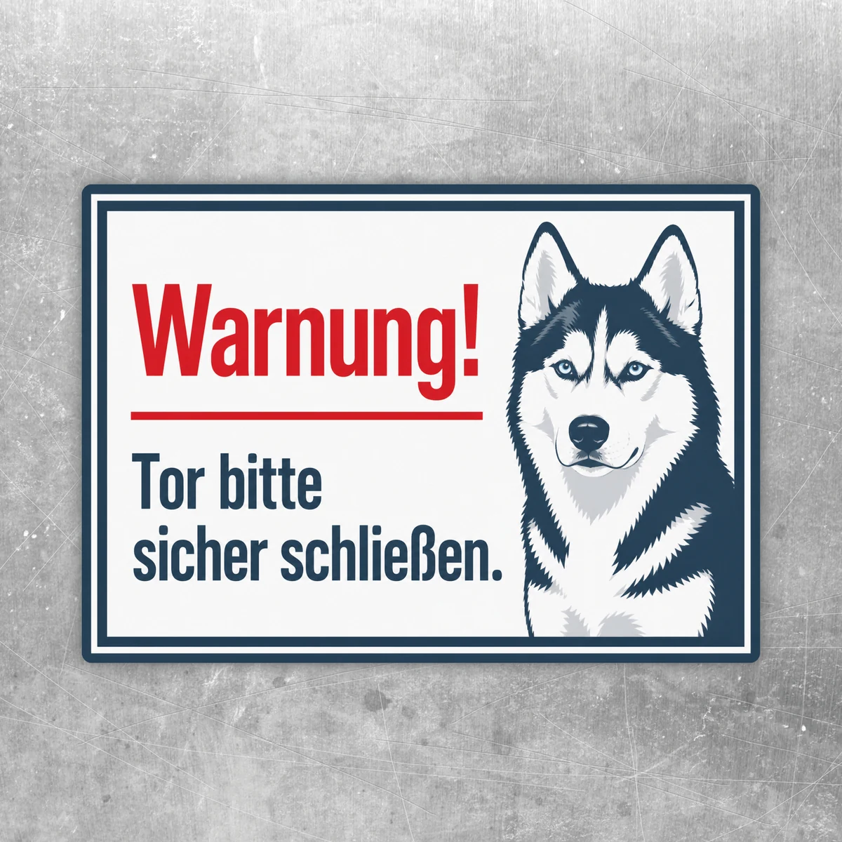 Aufkleber mit Husky und Text „Warnung! Tor bitte sicher schließen.“ in Rot und Dunkelblau im Querformat.
