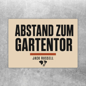 Aufkleber Vorsicht Jack Russell mit Text Bitte Abstand zum Gartentor halten in Schwarz und Gelb im Querformat.