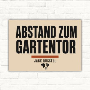 Hundeschild Vorsicht Jack Russell – Bitte Abstand zum Gartentor halten mit gut lesbarem Motiv und klarer Beschriftung als bedrucktes Schild aus Aluminium-Verbundplatte.