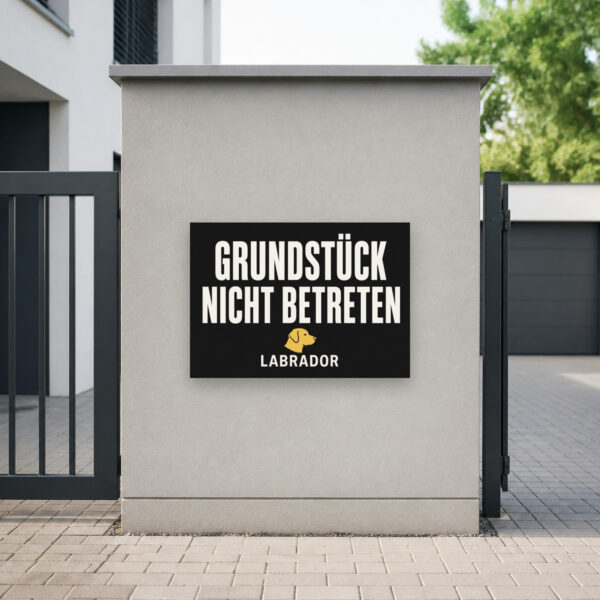 KI-generiertes Anwendungsbeispiel: Labrador-Hinweisschild „Warnung! Bitte Grundstück nicht betreten.“ an weißer Wand.