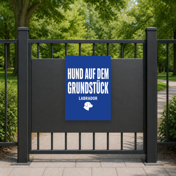 KI-generiertes Anwendungsbeispiel: Hund auf dem Grundstück Schild mit „Vorsicht!“ und Labrador-Motiv am Zaun.