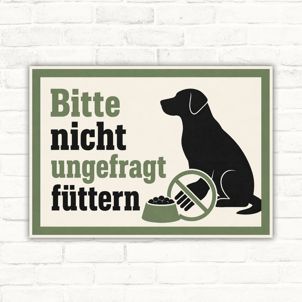 Hundeschild mit Labrador-Silhouette und Wortlaut „Bitte nicht ungefragt füttern“ als robustes Querformat-Schild.