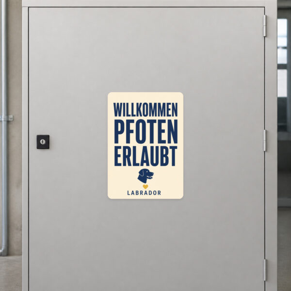 KI-generiertes Anwendungsbeispiel: Aufkleber Willkommen Pfoten erlaubt mit Hundemotiv an einer glatten Eingangstür.