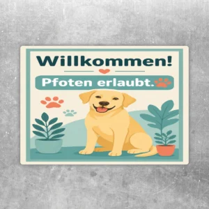 Aufkleber Willkommen Pfoten erlaubt mit hellem Hund, Pfotenabdrücken, Pflanzen und türkis-beigem Hintergrund.