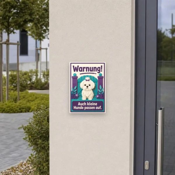 KI-generiertes Anwendungsbeispiel: Hundeschild Malteser „Warnung! Auch kleine Hunde passen auf.“ an einer hellen Wand.