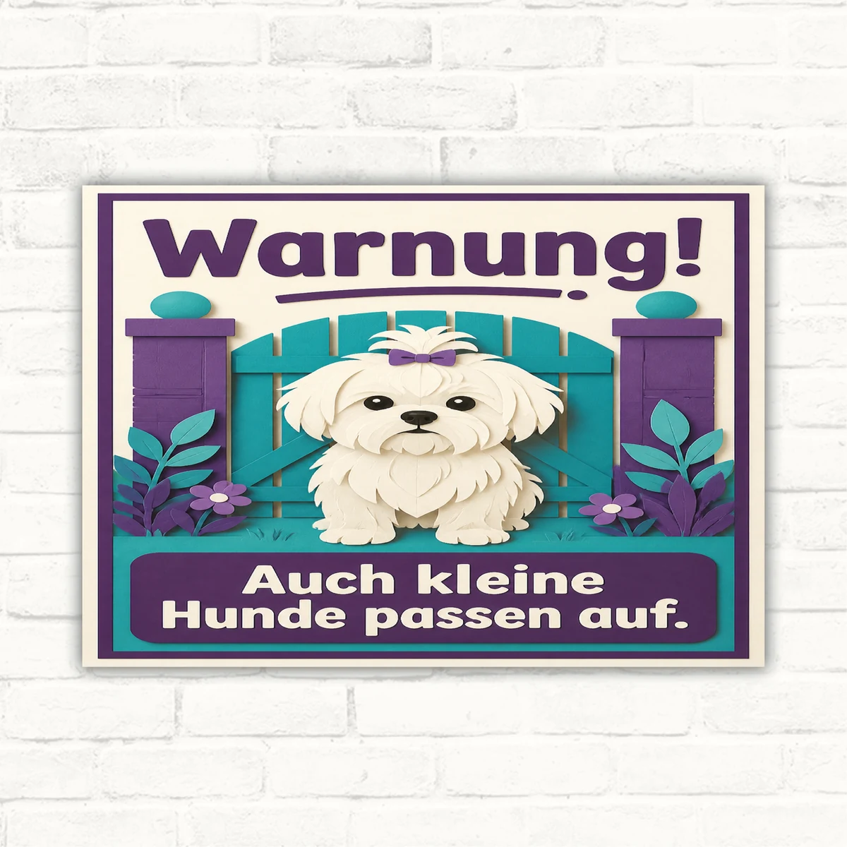 Hundeschild Malteser mit Text „Warnung! Auch kleine Hunde passen auf.“ als bedrucktes Schild in Lila und Türkis.