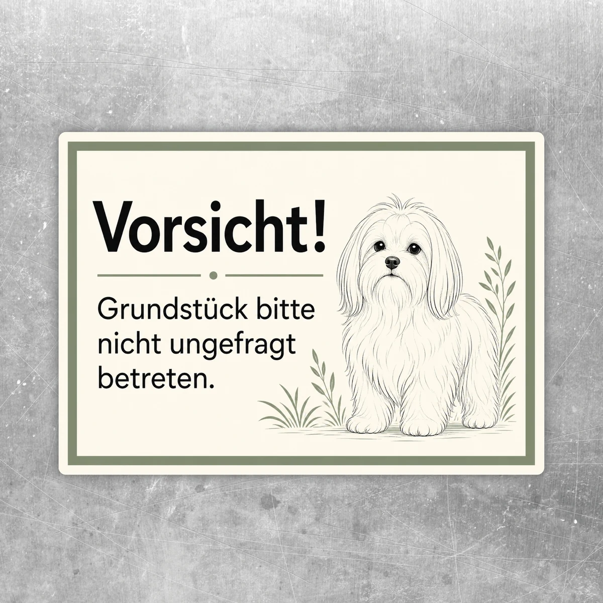 Aufkleber mit Text Vorsicht! Grundstück bitte nicht ungefragt betreten, Hundemotiv in Beige, Grün und Schwarz.