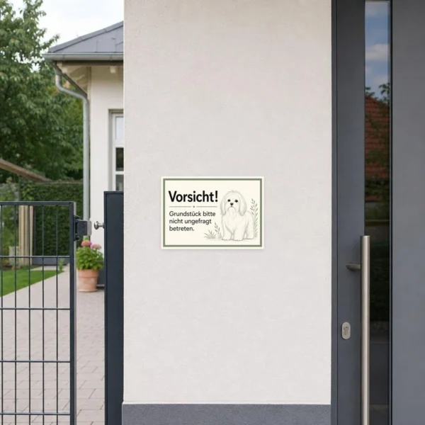 KI-generiertes Anwendungsbeispiel: Hundeaufkleber Vorsicht! Grundstück bitte nicht ungefragt betreten am grauen Untergrund.