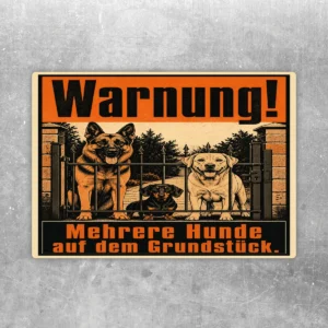 Warnung mehrere Hunde auf dem Grundstück Aufkleber in Orange und Schwarz mit drei Hunden hinter einem Zaun.