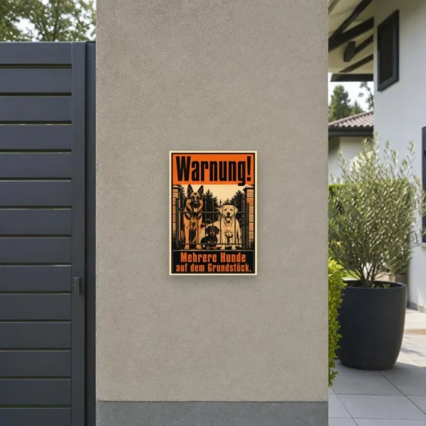 KI-generiertes Anwendungsbeispiel: Warnung Hunde Schild – Mehrere Hunde auf dem Grundstück am passenden Einsatzort mit gut sichtbarem Motiv und klarer Beschriftung.