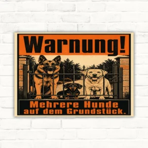 Warnung Hunde Schild – Mehrere Hunde auf dem Grundstück mit gut lesbarem Motiv und klarer Beschriftung als bedrucktes Schild aus Aluminium-Verbundplatte.