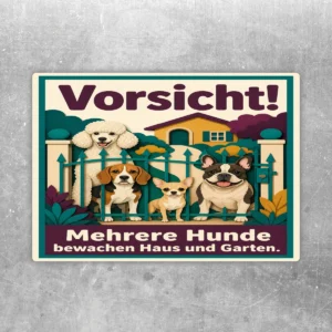 Aufkleber mit Text Vorsicht Mehrere Hunde bewachen Haus und Garten, Hunde hinter Zaun vor Hausmotiv.