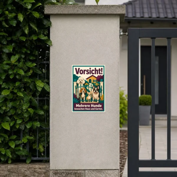 KI-generiertes Anwendungsbeispiel: Aufkleber Vorsicht mehrere Hunde am Gartentor mit Haus-und-Garten-Motiv.